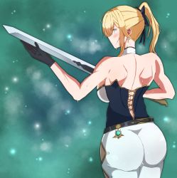Rule 34 | 1girl, ass, backboob, bare shoulders, blonde hair, blush, bow, breasts, corset, from behind, genshin impact, gloves, hair bow, highres, huge ass, jean (genshin impact), large breasts, long hair, pants, ponytail, rutaro, shiny clothes, shiny skin, sideboob, solo, sword, tight clothes, tight pants, weapon