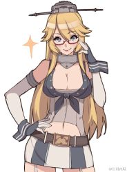Rule 34 | 10s, 1girl, adjusting eyewear, bespectacled, blonde hair, blue eyes, breasts, cleavage, closed mouth, clothing cutout, collar, cowboy shot, elbow gloves, garter straps, glasses, gloves, hair between eyes, hand on own hip, hat, iowa (kancolle), kantai collection, kugi ta hori taira, lips, long hair, looking at viewer, miniskirt, navel, navel cutout, red-framed eyewear, semi-rimless eyewear, sidelocks, simple background, skirt, smile, solo, sparkle, star-shaped pupils, star (symbol), symbol-shaped pupils, under-rim eyewear, white background, wrist cuffs