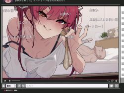 Rule 34 | 1boy, 1girl, aftersex, blush, breasts, condom, hetero, heterochromia, highres, hololive, houshou marine, kakure eria, large breasts, licking lips, livestream, long hair, looking at viewer, red eyes, red hair, smile, tongue, tongue out, translation request, twintails, used condom, virtual youtuber, yellow eyes
