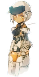 Rule 34 | 10s, 1girl, alternate hair color, alternate skin color, artist name, breasts, frame arms girl, gourai, mecha musume, nipples, rondo bell, simple background, small breasts, solo, yellow eyes