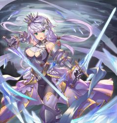 Rule 34 | 1girl, aqua eyes, armor, bare shoulders, belt, blush, breasts, crown, dual wielding, highres, holding, holding sword, holding weapon, large breasts, light purple hair, long hair, open mouth, original, outstretched arm, solo, sword, takamine nadare, weapon