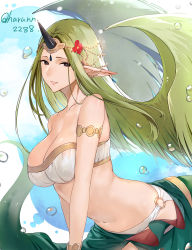 Rule 34 | 1girl, absurdres, arched back, armlet, bent over, bikini, breasts, brown eyes, cleavage, collarbone, fire emblem, fire emblem echoes: shadows of valentia, floating hair, flower, green hair, hair flower, hair ornament, haru (nakajou-28), highres, horns, large breasts, long hair, looking at viewer, mila (fire emblem), nintendo, o-ring, o-ring bikini, parted lips, pointy ears, red flower, shiny skin, single horn, solo, strapless, strapless bikini, swimsuit, twitter username, very long hair, white bikini