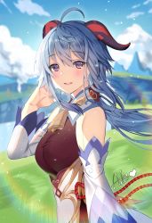 Rule 34 | 1girl, ahoge, aile (crossroads), artist name, bare shoulders, bell, blue hair, blue sky, blush, breasts, commentary, detached sleeves, ganyu (genshin impact), genshin impact, grass, highres, horns, long hair, looking at viewer, medium breasts, neck bell, no gloves, outdoors, parted lips, purple eyes, red rope, rope, sidelocks, sky, smile, solo, upper body, white sleeves