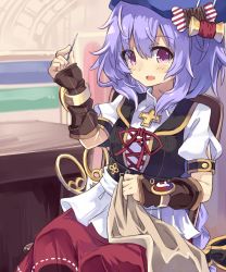 Rule 34 | 10s, 1girl, female focus, four goddesses online: cyber dimension neptune, hair ornament, highres, long hair, looking at viewer, needle, neptune (series), normaland, purple eyes, purple hair, pururut, red eyes, sewing, sitting, smile, solo, very long hair