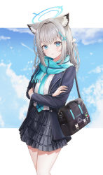 Rule 34 | 1girl, :o, animal ear fluff, animal ears, bag, black jacket, blue archive, blue eyes, blue necktie, blue scarf, blush, commentary, cross hair ornament, crossed arms, grey skirt, hair ornament, halo, highres, jacket, kottungyang, long hair, long sleeves, looking at viewer, necktie, open clothes, open jacket, plaid, plaid skirt, pleated skirt, scarf, shiroko (blue archive), shirt, shoulder bag, sidelocks, silver hair, skirt, solo, standing, white shirt