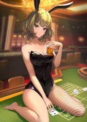 Rule 34 | 1girl, alcohol, animal ears, bare shoulders, barefoot, black leotard, blue eyes, breasts, card, casino, casino card table, cleavage, collarbone, covered navel, cup, fake animal ears, green eyes, green hair, heterochromia, highres, holding, holding cup, idolmaster, idolmaster cinderella girls, leotard, looking at viewer, medium breasts, mole, mole under eye, nyome991, open mouth, playboy bunny, playing card, rabbit ears, short hair, single fishnet legwear, single thighhigh, sitting, solo, strapless, strapless leotard, table, takagaki kaede, thighhighs, wariza, whiskey