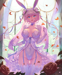 Rule 34 | 1girl, :d, animal ears, backlighting, blonde hair, blue ribbon, blurry, blurry foreground, blush, breasts, bridal veil, bride, choker, cleavage, collarbone, curtains, day, depth of field, elbow gloves, etrian odyssey, fake animal ears, floral print, flower, frills, garter straps, gloves, gluteal fold, groin, hair flower, hair ornament, hairband, highleg, highleg leotard, highres, indoors, large breasts, leotard, looking at viewer, nose blush, open mouth, petals, phalanx (sekaiju), pink flower, pink rose, print thighhighs, rabbit ears, red flower, red rose, ribbon, rose, rose petals, rose print, sekaiju no meikyuu, sekaiju no meikyuu 3, short hair, smile, solo, standing, takamine nadare, thighhighs, transparent, veil, waist cape, white choker, white gloves, white hairband, white leotard, white thighhighs, window