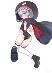 Rule 34 | 1girl, animal hood, ass, azur lane, black footwear, black gloves, black hood, black one-piece swimsuit, blue eyes, blush, boots, candy, closed mouth, food, full body, gloves, highres, holding, holding food, hood, lollipop, looking at viewer, looking back, one-piece swimsuit, shark hood, short hair, simple background, solo, swimsuit, swirl lollipop, tansan daisuki, thighhighs, u-110 (azur lane), white background, white thighhighs