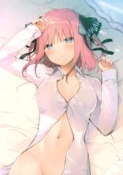 Rule 34 | 1girl, 6u (eternal land), absurdres, arm up, bed sheet, blue eyes, blush, breasts, cleavage, closed mouth, collarbone, collared shirt, dress shirt, go-toubun no hanayome, groin, hair ornament, hand up, highres, large breasts, long sleeves, looking at viewer, lying, nail polish, nakano nino, naked shirt, navel, on back, partially unbuttoned, pink hair, scan, shirt, short hair, solo, twitter username, two side up, white shirt