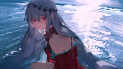Rule 34 | 1girl, arknights, bare shoulders, breasts, closed mouth, dress, expressionless, feet out of frame, hair between eyes, highres, leaning forward, long hair, looking at viewer, moonlight, off-shoulder dress, off shoulder, red eyes, skadi (arknights), skadi the corrupting heart (arknights), solo, uyuu (hirameki), water