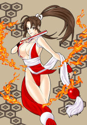 Rule 34 | 1girl, breasts, brown eyes, brown hair, large breasts, long hair, mito amatsu, ponytail, shiranui mai, sideboob, smile, snk, the king of fighters
