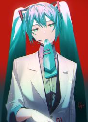 Rule 34 | 1girl, agyou sonokou l, aqua eyes, aqua hair, aqua necktie, bloom, commentary, expressionless, formal, grey shirt, hair ornament, half-closed eyes, hatsune miku, head tilt, headphones, headset, highres, jacket, long hair, looking at viewer, meme, mouth hold, necktie, necktie in mouth, red background, shirt, signature, solo, suit, twintails, upper body, very long hair, vocaloid, white jacket, white suit