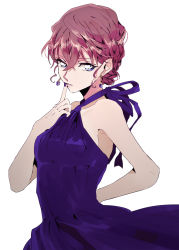 Rule 34 | 1girl, arm behind back, blue eyes, brown hair, dress, earrings, finger to mouth, hair between eyes, halterneck, highres, jewelry, meitantei conan, miyano shiho, nail polish, parted lips, purple dress, purple nails, short hair, simple background, sleeveless, sleeveless dress, solo, tateru (pixiv3071787), white background