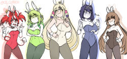 Rule 34 | 5girls, :/, animal ears, antlers, arms under breasts, bare shoulders, black hair, black leotard, blonde hair, blue leotard, breasts, brown eyes, brown hair, ceres fauna, cleavage, clothing cutout, commentary, cypher 05, double m/, earclip, english commentary, extra ears, eyes visible through hair, flower, gradient hair, green eyes, green hair, green leotard, hair flower, hair ornament, hakos baelz, hand on own hip, holocouncil, hololive, hololive english, horns, large breasts, leotard, limiter (tsukumo sana), long hair, looking at viewer, m/, matching outfits, mouse ears, mouse tail, multicolored hair, multiple girls, nanashi mumei, open mouth, ouro kronii, pantyhose, playboy bunny, purple eyes, purple hair, rabbit ears, red eyes, red hair, red leotard, short hair, simple background, smile, split mouth, streaked hair, tail, tail ornament, tongue, tongue out, tsukumo sana, twintails, twitter username, underboob cutout, very long hair, virtual youtuber, white background, white hair, white leotard, wrist cuffs, yellow eyes