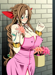 Rule 34 | 1990s (style), 1girl, aerith gainsborough, bare shoulders, basket, blush, body blush, bracelet, breasts, brown hair, cleavage, covered erect nipples, drain (pixiv2176281), dress, female focus, final fantasy, final fantasy vii, flower, green eyes, huge breasts, jewelry, long hair, plant, ponytail, red ribbon, retro artstyle, ribbon, solo