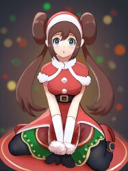 1girl belt_buckle black_gloves blue_eyes brown_hair buckle creatures_(company) dress full_body game_freak gloves hat highres looking_at_viewer nintendo official_alternate_costume pokemon pokemon_masters_ex red_dress rosa_(holiday_2019)_(pokemon) rosa_(pokemon) santa_hat sitting solo thedarkestuno wariza