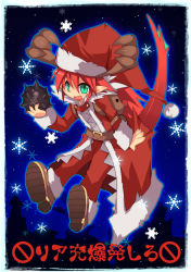 Rule 34 | 1boy, adapted costume, alchemist (ragnarok online), antlers, bomb, christmas, coat, commentary request, dragon boy, dragon tail, emon-yu, explosive, fang, full body, fur-trimmed coat, fur-trimmed pants, fur trim, green eyes, hair between eyes, hat, holding, holding bomb, horns, long hair, looking at viewer, male focus, open mouth, pants, pointy ears, pom pom (clothes), ragnarok online, red coat, red hair, red pants, santa costume, santa hat, skin fang, skull, slit pupils, smile, snowflakes, solo, stuffed animal, stuffed reindeer, stuffed toy, tail, translation request