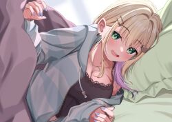 Rule 34 | 1girl, black camisole, blonde hair, blue nails, breasts, camisole, cleavage, earrings, fang, green eyes, hair ornament, hairclip, highres, indoors, jacket, jewelry, kurumi noah, large breasts, lying, applying manicure, medium breasts, nail polish, on bed, on side, pillow, solo, spaghetti strap, syurimp, under covers, virtual youtuber, vspo!