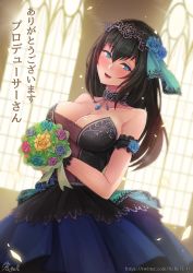 Rule 34 | 10s, 1girl, bare shoulders, black dress, black hair, blue eyes, blush, bouquet, breasts, dress, flower, idolmaster, idolmaster cinderella girls, idolmaster cinderella girls starlight stage, jewelry, large breasts, long hair, looking at viewer, necklace, rebe11, sagisawa fumika, smile, solo, tiara, translated, twitter username, window