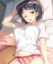 Rule 34 | 1girl, ;o, arm at side, arm up, bed, bed sheet, black hair, breasts, cable, commentary request, cowboy shot, day, green eyes, hair ornament, hairclip, head-mounted display, indoors, kirigaya suguha, looking at viewer, looking up, lying, medium breasts, no pants, on back, on bed, one eye closed, open mouth, panties, pillow, red panties, see-through, shirt, short hair, short sleeves, solo, striped clothes, striped panties, stuffed animal, stuffed toy, sunlight, sword art online, tareme, underwear, white shirt, yuuki hagure