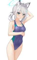 Rule 34 | 1girl, absurdres, animal ear fluff, animal ears, blue archive, blue eyes, competition swimsuit, covered navel, cowboy shot, cross hair ornament, grey hair, hair ornament, halo, highleg, highleg swimsuit, highres, medium hair, mismatched pupils, one-piece swimsuit, purple one-piece swimsuit, shiorin (1825721785), shiroko (blue archive), shiroko (swimsuit) (blue archive), simple background, solo, swimsuit, white background