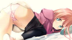 Rule 34 | 1girl, ass, bed sheet, black pantyhose, blue eyes, brown background, brown hair, closed mouth, clothes pull, commentary request, crotch seam, frilled panties, frills, from behind, gc3, highres, hood, hood down, hoodie, kagamihara nadeshiko, looking at viewer, looking back, navel, panties, pantyhose, pantyhose pull, pillow, pink hoodie, pink panties, simple background, skirt, solo, underwear, white skirt, yurucamp