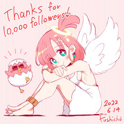 Rule 34 | + +, 1girl, absurdres, angel wings, anklet, aqua eyes, artist name, bird, blunt bangs, blush stickers, bracelet, breasts, cleavage, dated, dress, earrings, eggshell, eyes visible through hair, from side, full body, fushicho, halo, highres, jewelry, medium breasts, milestone celebration, one side up, original, pink hair, smile, solo, white dress, wings