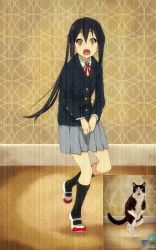 Rule 34 | 1girl, bad id, bad pixiv id, black hair, black legwear, blazer, cat, censored, creepy, derivative work, empty eyes, film grain, have to pee, horror (theme), inset, jacket, k-on!, looking at viewer, mosaic censoring, nakano azusa, open mouth, orange eyes, parody, photo inset, pleated skirt, reference inset, reference photo, school uniform, shippou (pattern), shoes, skirt, socks, standing, standing on one leg, twintails, uwabaki, watanore