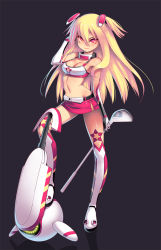 Rule 34 | 1girl, arm at side, bare shoulders, black background, blonde hair, blush, boots, breasts, cleavage, closed mouth, collar, elbow gloves, full body, gloves, golf club, hair between eyes, head tilt, holding, kamdia, long hair, looking at viewer, medium breasts, microskirt, navel, pangya, pencil skirt, pink skirt, red eyes, silhouette, skirt, smile, solo, spika (pangya), standing, thigh boots, thighhighs, two side up, very long hair, white footwear