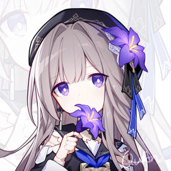 Rule 34 | 1girl, beret, black dress, black hat, black ribbon, blue neckerchief, commentary, covering own mouth, doll joints, dress, earrings, flower, gold trim, hair intakes, hat, hat flower, hat ribbon, herta (honkai: star rail), honkai: star rail, honkai (series), jewelry, joints, long hair, looking at viewer, neckerchief, portrait, purple eyes, purple ribbon, quan (kurisu tina), ribbon, sidelocks, solo, very long hair, zoom layer
