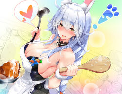 Rule 34 | 1girl, animal ear fluff, animal ears, apron, armpit hair, armpits, bare shoulders, black leotard, blue hair, blush, braid, braided ponytail, breasts, carrot, choker, cleavage, cooking, from above, hair between eyes, hands up, heart, hololive, housewife, large breasts, leotard, long hair, looking at viewer, ma-sa, mature female, multicolored hair, open mouth, orange eyes, pekomama, playboy bunny, ponytail, rabbit ears, rabbit tail, ribbon choker, short eyebrows, smile, solo, speech bubble, spoken heart, tail, thick eyebrows, two-tone hair, virtual youtuber, white hair, wristband