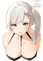 Rule 34 | azur lane, bad id, bad twitter id, bare shoulders, belfast (azur lane), bikini, black bikini, blue eyes, blush, braid, breasts, character name, cleavage, collarbone, cosplay, covered erect nipples, dated, french braid, from above, highres, large breasts, long hair, looking at viewer, looking up, o-ring, o-ring top, one side up, open mouth, side braid, silver hair, simple background, sirius (azur lane), sirius (azur lane) (cosplay), sirius (scorching-hot seirios) (azur lane), slit pupils, solo, sweat, swimsuit, twitter username, white background, xretakex