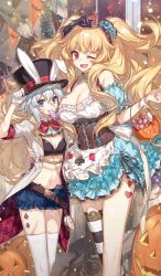 Rule 34 | 1boy, 5girls, ;d, alice (alice in wonderland), alice (alice in wonderland) (cosplay), alice in wonderland, animal ears, anne bonny (fate), arm around back, asymmetrical legwear, banner, blonde hair, blue eyes, bow, bowtie, breasts, camera, candy, chocoan, cleavage, club (shape), coattails, confetti, corset, cosplay, diamond (shape), dress, edward teach (fate), fake animal ears, fate/grand order, fate (series), food, gloves, hair bow, half gloves, hand on headwear, hat, hat with ears, heart, jack-o&#039;-lantern, jack the ripper (fate/apocrypha), jeanne d&#039;arc (fate), jeanne d&#039;arc (ruler) (fate), jeanne d&#039;arc alter (fate), jeanne d&#039;arc alter santa lily (fate), large breasts, lollipop, long hair, looking at viewer, mary read (fate), midriff, mouth hold, multiple girls, navel, nursery rhyme (fate), off-shoulder dress, off shoulder, official art, one eye closed, open mouth, rabbit ears, red eyes, ribbon, scar, scar on face, short hair, short shorts, shorts, smile, spade (shape), striped clothes, striped legwear, striped thighhighs, swirl lollipop, thighhighs, top hat, two side up, uneven legwear, very long hair, white hair, white legwear, white rabbit (alice in wonderland), white rabbit (cosplay), wrist cuffs