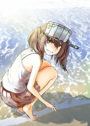 Rule 34 | 1girl, barefoot, beach, black skirt, brown hair, camisole, commentary, double horizontal stripe, from behind, grey hat, grin, hair between eyes, hair tie, hat, highres, kantai collection, lens flare, looking at viewer, looking back, medium hair, miniskirt, nito (nshtntr), pleated skirt, ryuujou (kancolle), shadow, shirt, skirt, smile, solo, squatting, sunlight, twintails, visor cap, water, white shirt