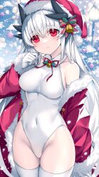 Rule 34 | 1girl, bare shoulders, blush, christmas, christmas tree, closed mouth, coat, covered navel, dragon girl, dragon horns, fate/grand order, fate (series), gloves, hat, highleg, highleg leotard, highres, horns, kiyohime (fate), leotard, long hair, long sleeves, looking at viewer, morizono shiki, off shoulder, outdoors, red coat, red eyes, red hat, santa hat, smile, solo, thighhighs, thighs, white gloves, white hair, white leotard, white thighhighs
