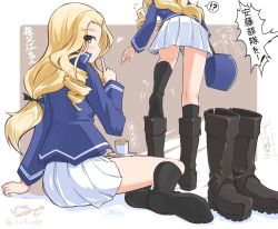 Rule 34 | 1girl, absurdres, bc freedom military uniform, black socks, blonde hair, blush, boots, unworn boots, cake, check translation, closed mouth, drill hair, feet, food, girls und panzer, green eyes, hair ornament, hair ribbon, hat, highres, isofude, kneehighs, long hair, looking at viewer, military, military hat, military uniform, multiple views, ribbon, simple background, skirt, smile, socks, sofue (girls und panzer), speech bubble, translation request, two-tone background, uniform, white skirt