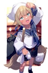 Rule 34 | 1boy, black shorts, blue hair, blue sailor collar, blush, broom, bucket, character name, echo (circa), fate/grand order, fate (series), gradient hair, green eyes, light brown hair, long sleeves, looking at viewer, low twintails, marine nemo (fate), multicolored hair, nemo (fate), open mouth, sailor collar, shirt, short hair, short twintails, shorts, sidelocks, smile, solo, thighs, trash bag, turban, twintails, two-tone hair, white headwear, white shirt, wooden bucket