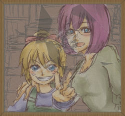 Rule 34 | 2girls, :d, bad id, bad pixiv id, blonde hair, blue eyes, blush, broken glass, chrono (series), chrono cross, collarbone, crack, cracked glass, envious (artist), glass, glasses, grin, hair ribbon, hand on shoulder, kid (chrono cross), long sleeves, looking at viewer, lucca ashtear, multiple girls, open mouth, outstretched arm, photo (object), picture frame, purple hair, ribbon, short hair, smile, sweater, teeth, upper body, v