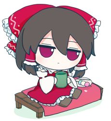 Rule 34 | 1girl, ascot, bench, blanket, bow, brown footwear, brown hair, candy, character doll, closed mouth, collar, cup, detached sleeves, doll, eyebrows hidden by hair, food, frilled bow, frills, full body, fumo (doll), hair between eyes, hair bow, hair tubes, hakurei reimu, highres, holding, looking at viewer, medium hair, nontraditional miko, red bow, red eyes, red ribbon, red shirt, red skirt, rei (tonbo0430), ribbon, ribbon-trimmed sleeves, ribbon trim, shirt, sidelocks, simple background, sitting, skirt, skirt set, sleeveless, solo, touhou, white background, white collar, yellow ascot