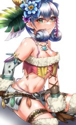 Rule 34 | 1girl, absurdres, blue eyes, braid, breasts, crown braid, curly hair, feathers, gloves, head wings, highres, long hair, looking at viewer, medium breasts, melia antiqua, navel, puffy sleeves, revealing clothes, siebolds demon, simple background, smile, solo, thighhighs, tribal, wings, xenoblade chronicles (series), xenoblade chronicles 1