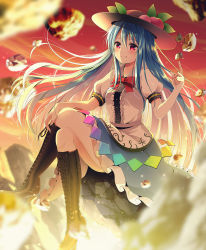 Rule 34 | 1girl, :q, black footwear, blue hair, blue skirt, boots, bow, bowtie, closed mouth, crossed legs, dress shirt, floating hair, hair between eyes, hands on own knees, high heel boots, high heels, highres, hinanawi tenshi, index finger raised, knee boots, long hair, looking at viewer, medium skirt, outdoors, red bow, red bowtie, red eyes, shirt, short sleeves, sitting, skirt, solo, straight hair, tongue, tongue out, touhou, very long hair, white shirt, yuuka nonoko