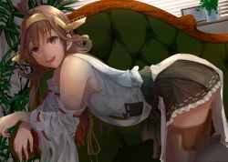 Rule 34 | 1girl, :d, ahoge, bare shoulders, black skirt, boots, brown hair, commentary request, couch, cup, double bun, hair bun, headgear, indoors, kantai collection, kongou (kancolle), kongou kai ni (kancolle), konkito, long hair, looking at viewer, mug, nontraditional miko, open mouth, plant, planter, pleated skirt, potted plant, purple eyes, skirt, smile, solo, thigh boots, thighhighs