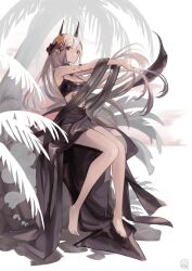 Rule 34 | 1girl, arknights, artist logo, barefoot, bikini, black bikini, black horns, black sarong, closed mouth, flower, full body, grey hair, hair flower, hair ornament, hemorina, highres, horns, interlocked fingers, knees together feet apart, light smile, long hair, looking at viewer, material growth, mudrock (arknights), mudrock (silent night) (arknights), official alternate costume, oripathy lesion (arknights), outstretched arms, own hands together, pointy ears, red eyes, red flower, sarong, sitting, solo, stretching, swimsuit, very long hair, white background, yellow flower