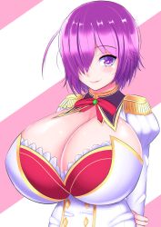 Rule 34 | 1girl, ahrs, arms behind back, blush, breasts, cleavage, fee kissethermit, hair over one eye, highres, huge breasts, looking at viewer, milk factory, motto! haramase! honoo no oppai isekai ero mahou gakuen!, purple eyes, purple hair, school uniform, short hair, smile, solo, striped, striped background, upper body