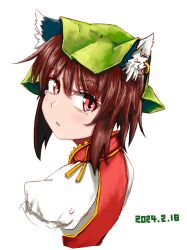 Rule 34 | 1girl, animal ear fluff, animal ear piercing, brown hair, chen, commentary request, cropped torso, dated, earrings, expressionless, from side, gold trim, green hat, hair between eyes, hat, highres, jewelry, kabu (yuyuibob), looking at viewer, looking back, mob cap, parted lips, pink eyes, puffy sleeves, red vest, short hair, simple background, single earring, solo, tears, touhou, upper body, vest, white background