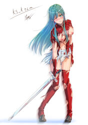 Rule 34 | 1girl, aqua hair, blue eyes, blush, boots, bow, bow panties, breasts, breasts out, bruise, commission, eirika (fire emblem), fingerless gloves, fire emblem, fire emblem: the sacred stones, gloves, highres, holding, holding sword, holding weapon, injury, kazeno, medium breasts, navel, nintendo, nipples, one eye closed, panties, red footwear, red thighhighs, shirt, simple background, skeb commission, skirt, solo, sweat, sword, thigh boots, thighhighs, torn clothes, torn shirt, torn skirt, torn thighhighs, underwear, weapon, white background, white panties