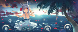 Rule 34 | 1girl, :d, adjusting hair, afloat, animal ears, armpits, blue hair, bracelet, breasts, candle, choker, cleavage, clothes lift, cloud, day, djmax, djmax portable, djmax technika, dress, dress lift, floating, flower, h2so4, hair flower, hair ornament, hibiscus, highres, jewelry, lantern, lantern on liquid, leaf, lens flare, long hair, medium breasts, no bra, open mouth, outdoors, outstretched arm, outstretched hand, paper lantern, petals, red eyes, sideboob, sky, smile, solo, standing, suee, sunset, swimsuit, wading, water, wet, wet clothes