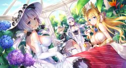 Rule 34 | 4girls, :d, absurdres, alcohol, anniversary, apron, azur lane, bare shoulders, belfast (azur lane), bell, bird of paradise flower, black dress, blonde hair, blue eyes, blue flower, blue rose, blue sky, blurry, blurry foreground, braid, breasts, broken, broken chain, brown eyes, chain, chair, champagne, champagne flute, cleavage, closed mouth, cloud, covered erect nipples, cup, day, depth of field, dress, drinking glass, dutch angle, elbow gloves, floating hair, flower, frilled apron, frills, garter straps, gloves, hair between eyes, hair ornament, hair over one eye, hairclip, hat, highres, holding, holding cup, hydrangea, illustrious (azur lane), juliet sleeves, large breasts, laurel crown, light brown hair, long hair, long sleeves, looking at viewer, looking back, maid, maid headdress, mole, mole under eye, multiple girls, open mouth, orange flower, outdoors, panties, puffy sleeves, purple flower, rose, sheffield (azur lane), short hair, silver hair, silveroid, sky, sleeveless, sleeveless dress, smile, source request, strapless, strapless dress, table, teacup, teapot, thighhighs, tree, underwear, v-shaped eyebrows, very long hair, victorious (azur lane), waist apron, white apron, white dress, white gloves, white headwear, white legwear, white panties