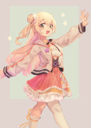 Rule 34 | 1girl, blonde hair, bow, corset, double bun, fang, flower, from side, gradient hair, hair between eyes, hair bun, hair flower, hair ornament, highres, hololive, jacket, looking at viewer, looking to the side, mochiyuki (gigfor1), momosuzu nene, multicolored hair, open mouth, orange skirt, pink flower, pink hair, skin fang, skirt, smile, solo, two side up, virtual youtuber, walking, waving, white jacket, yellow bow