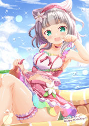 Rule 34 | 1girl, :d, bare shoulders, choker, collarbone, commentary request, dated, flower, green eyes, grey hair, hair flower, hair ornament, hairband, hand up, happy birthday, highres, inflatable raft, kashiwagi mia, knees up, lifted by self, looking at viewer, navel, ocean, ongeki, open mouth, paw pose, polka dot, polka dot skirt, red choker, red hairband, red skirt, sitting, skirt, smile, solo, water, white flower, xenon (for achieve)